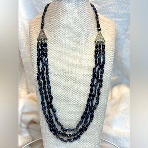 NWT Tanzanite Three Strand Beaded Necklace with Silver Tone Accents 22-24”